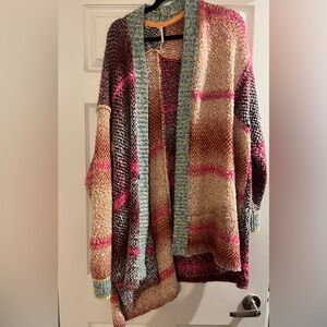Open-Front Multicolor Knit Cardigan Sweater - Pink/Beige